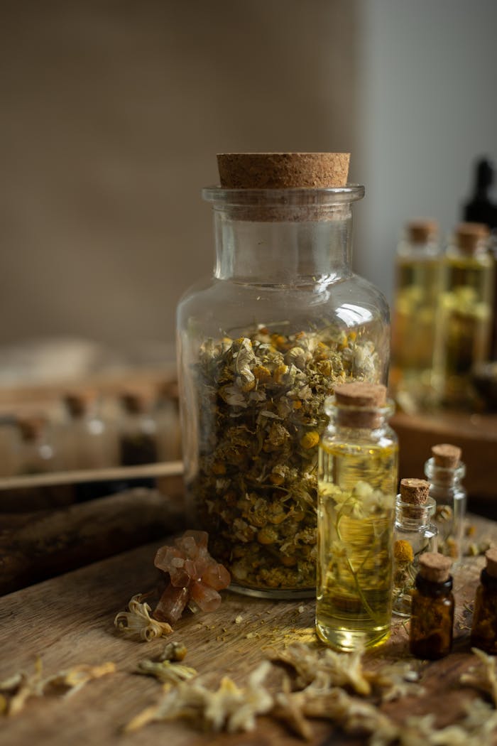 A rustic composition featuring vintage jars with dried herbs and essential oils, perfect for wellness themes.